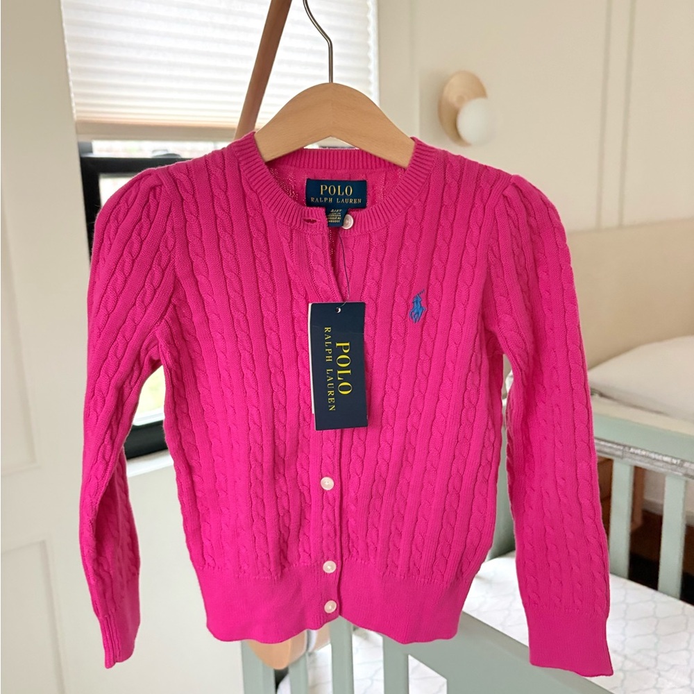 New Polo Ralph Lauren Girls Hot Pink Cable Knit Cardigan Sweater Size 4/4T